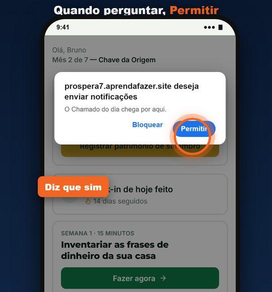 Pedido de permissão para notificações com o botão Permitir marcado